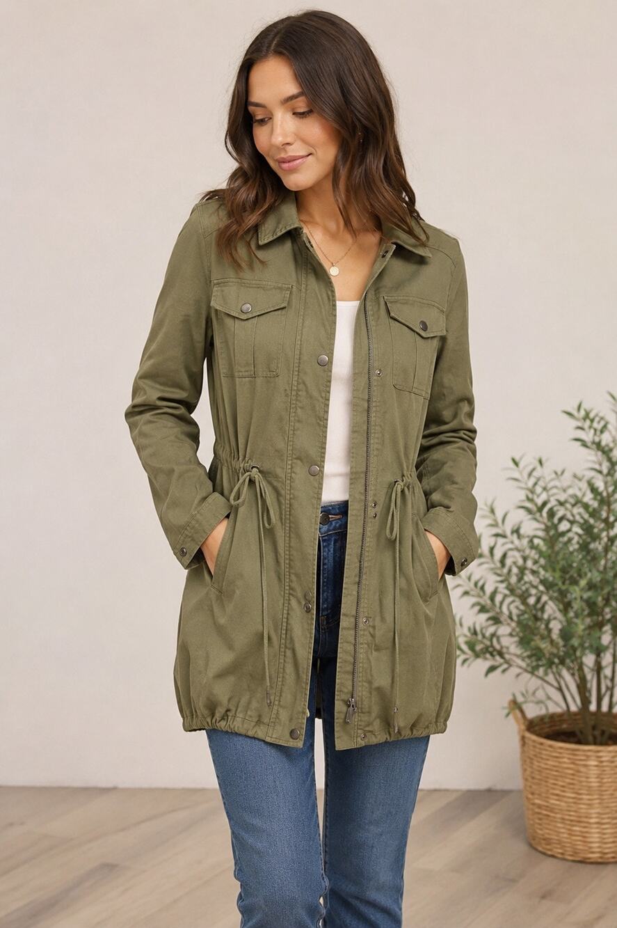 BP. Twill Utility Jacket olive green pockets spread collar pockets drawstring